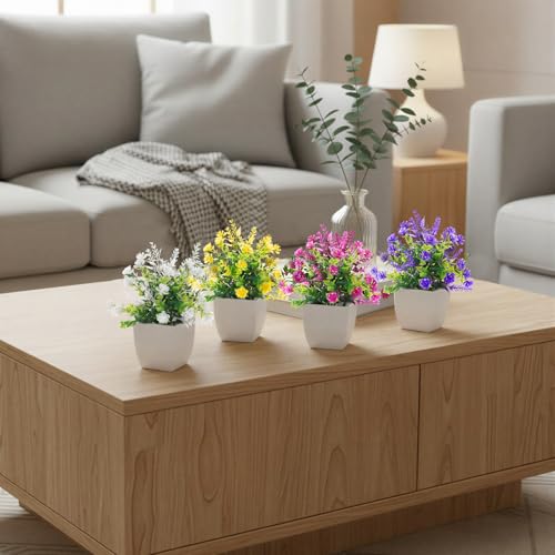 CEWOR Fake Flowers 4 Packs Faux Potted Flower Lavender with Eucalyptus Flowers Small Decorations for Spring Desk Bathroom Office Home Room Table Decor Indoor Outdoor - color: Purple Fuchsias Yellow White