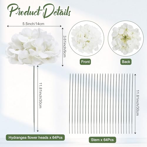 White Hydrangea Artificial Flowers Bulk with Stems 64 Pcs | Faux Silk Hydrangeas Flower Heads with Stems for Wedding Arch Table Centerpieces Home Garden Baby Shower Party Decoration - color: White