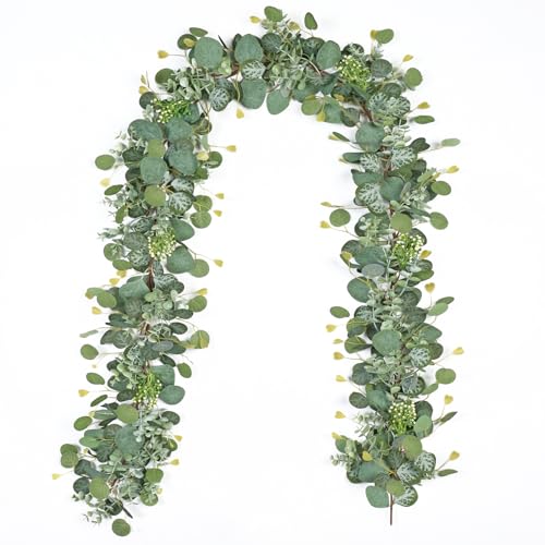 5.9FT Eucalyptus Garland,Artificial Greenery Garland with Berries,Green Spring Garland Decorations,Fake Silver Dollar Eucalyptus Leaves Wreath Garland for Table Home Mantle Wedding Decor - size: 1PCS