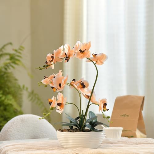 19" H Phalaenopsis Faux Orchid Plant Silk Orchid Centerpiece Artificial Floral Arrangement in Ceramic Pot (Champagne) - color: Champagne