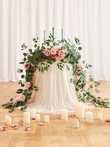MISSPIN 8FT Eucalyptus and Willow Leaf Garland with Artificial Flowers Fake Flower Peony Rose Vine Greenery Decorative Wall Hanging Plant for Spring Wedding Arch Door Arrangement Party Decor - color: Dusty Cream