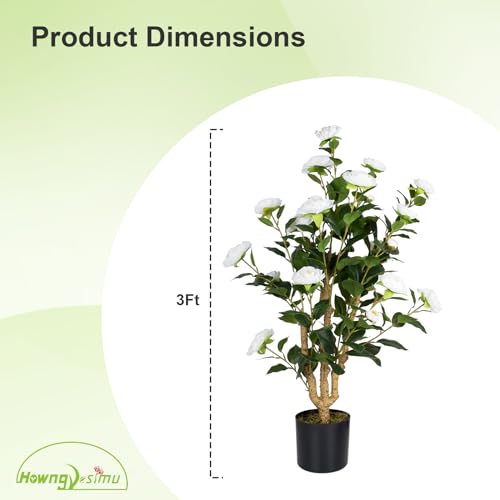 Artificial Camellia Tree 2 Pack, 38’’ Faux Camellia Plant in Pot with White Flowers, Greenery Potted Plant for Indoor Outdoor Office Home Porch Decor, White - color: White, size: 3FT