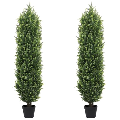 THE BLOOM TIMES 5FT Tall Artificial Cedar Topiary Trees Set of 2, UV Resistant Large Faux Cypress Evergreen Plants for Outdoor Planters, Realistic Fake Bushes & Shrubs for Front Porch Decor - color: Lush Cypress Trees, size: 5 Foot