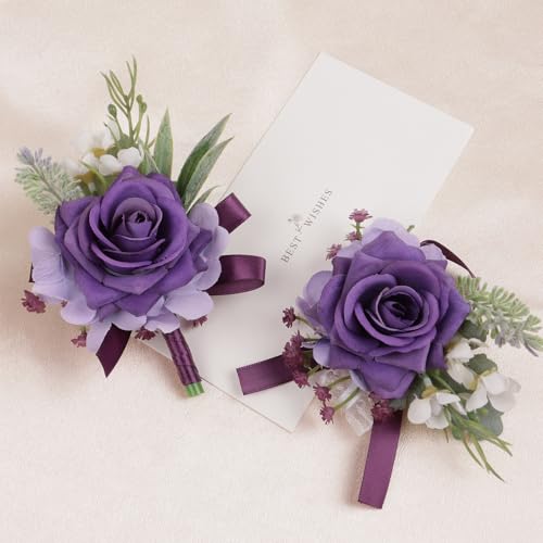 Alizeal 2Pcs of Wrist Corsage and Boutonniere Set, Artificial Flowers Accessories Suit Decor for Wedding Prom Party Homecoming Ceremony, Purple - color: 701-purple