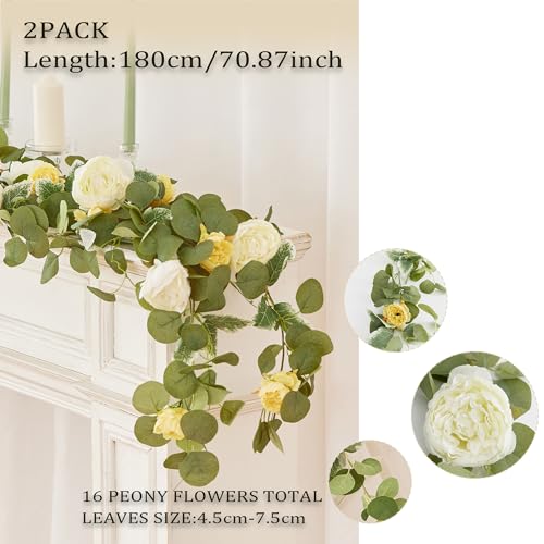 MISSPIN 2pcs Artificial Flowers Garland Spring Eucalyptus Garland Vintage Fake Flower Peony Rose Vine Greenery Decorative Wall Hanging Plant for Wedding Arch Door Arrangement Party Decor - color: Ginger,2
