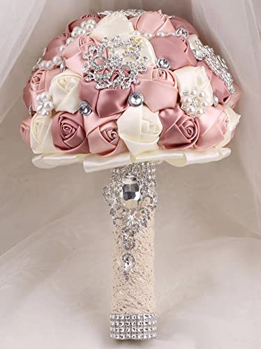 Sharebeauty 7.9 Inch Handmade Satin Rose Bridal Bouquet Toss Round Wedding Bouquet Throw Toss Artificial Flower Bunch Shimmering Blush Pink + Pink Champagne + Ivory - color: W3217d06 Shimmering Blush/Pink Champagne/Ivory
