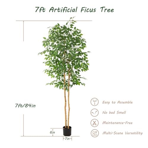 Bellacat 7ft Ficus Tree Artificial with Double Real Wood Trunks, 84in Faux Ficus Tree with Lifelike Leaves, Fake Ficus Tree for Living Room Bedroom Office Decor - color: Green With Double Trunks, size: 7ft