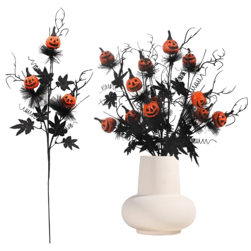 5 Pcs Halloween Decorations Indoor, 19.5 Inch Artificial Pumpkin Maple Leaf Floral Stems Halloween Branches Decoration for Home Party Arrangement Decor - color: A