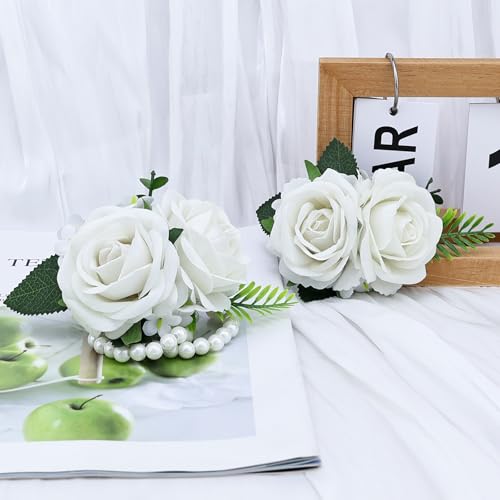2Pcs White Artificial Rose Wrist Corsage Wristlet Band and Boutonniere Set, for Wedding Bride Bridesmaid Flowers Accessories Prom Party Men Groom Groomsmen Suit Decor - color: White