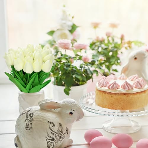 28pcs Cream Flowers Artificial Tulip Stems Real Feel PU Tulips for Easter Spring Wreath Wedding Bouquet Centerpiece Floral Arrangement Cemetery Table Décor 13" Tall - color: Cream