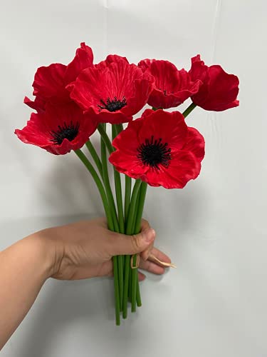 10 Stem Bouquets Artificial Flowers Red Poppy Flowers,11" No Fade Anemone PU Real Touch Fake Wild Flower for Kitchen Table Centerpiece Vase,Home Greenery Wedding Holding Flowers Backdrop Arch Wall - color: Red
