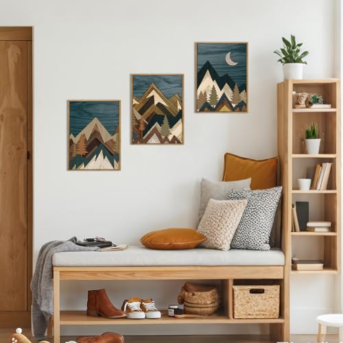 BINCUE Boho Mountain Wall Art Framed Landscape Wall Decor Modern Nature Artwork Mountains Wall Pictures Moon Art Landscape Paintings Rustic Prints for Farmhouse Bedroom Living Room Office 12x16 Inch 3 Piece - color: Framed Mountain, size: 24"L x 16"W