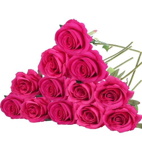 Felice Arts 12 Pack Hot Pink Artificial Roses with Stems Fuschia Silk Rose Fake Flowers for Wedding Bridal Bouquet Vase Table DIY Cake Valentines Decoration Decor - color: Rosered
