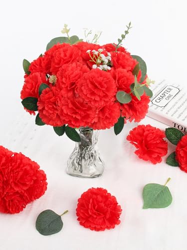 LELEE 108pcs Carnation Head Flowers with Stem - Red Artificial Flowers Carnation Bulk - Silk Carnations Fake Flower for Wedding Bouquet DIY Baby Shower Centerpieces Grad Party Tables Memorial Decor - color: Red