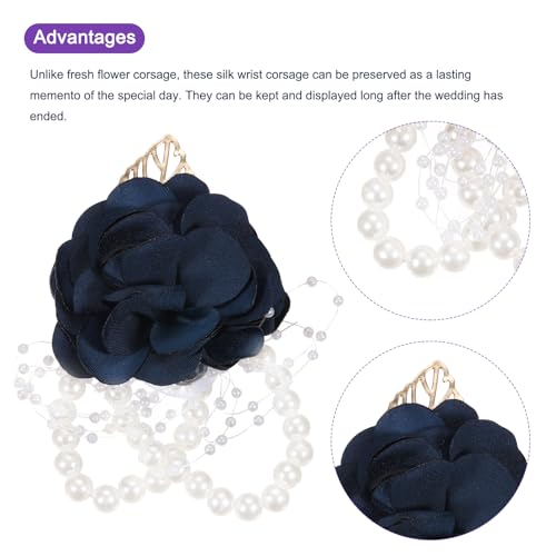 MECCANIXITY Wrist Corsage Artificial Flower Bracelets Pack of 1 Rose Wrist Bride Groom Decorative for Wedding Ceremony Prom Party Anniversary, 9x7cm Navy Blue - color: Navy Blue