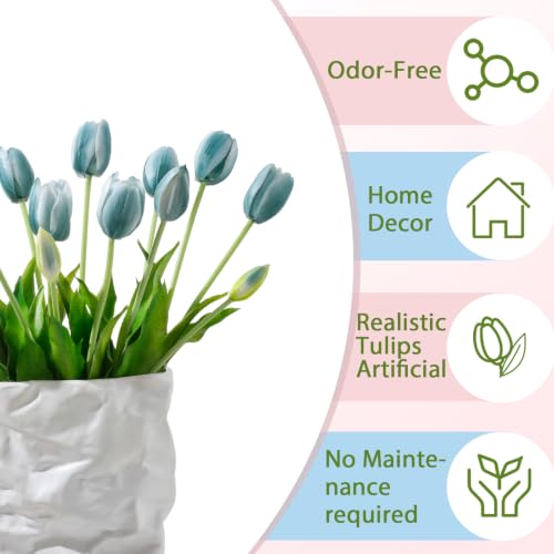 15 Pcs Artificial Flowers Tulips Real Touch Latex Plastic Soft Faux Bouquets for Party, Wedding, Home, Room, Garden Decor (Vintage Blue) - color: Vintage Blue