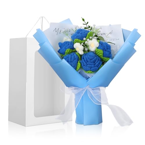 Foyucool Crochet Flowers Bouquet, Handmade Knitted Rose Bouquet with Gift Bag for Home Deocor, Crocheted Finished Flower for Wedding, Mother's Day, Teachers' Day and Valentine's Day, Blue - color: Blue