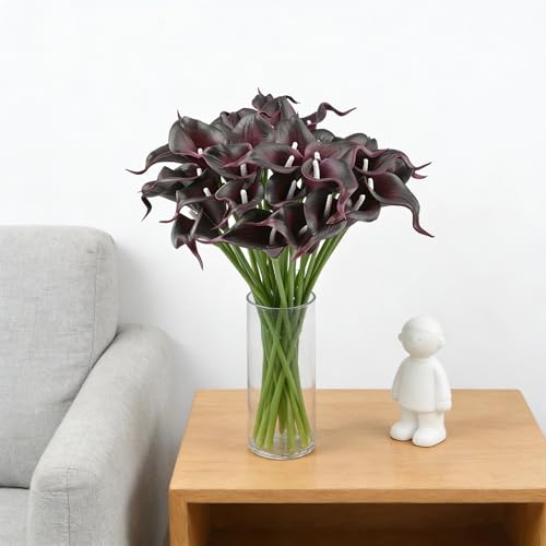 Calla Lily Bridal Wedding Festival Decor Bouquet Real Touch Latex Flower Bouquet Pack of 20 (Black Burgundy) - color: Black Burgundy