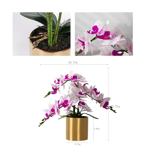 LESING Artificial Orchid Flower with Vase Realistic Orchids Faux Flower Fake Orchid Bonsai Plants in Pot Arrangement for Home Wedding Party Dining Table Centerpiece Decor (White Purple,Gold Vase) - color: White Purple,gold Vase