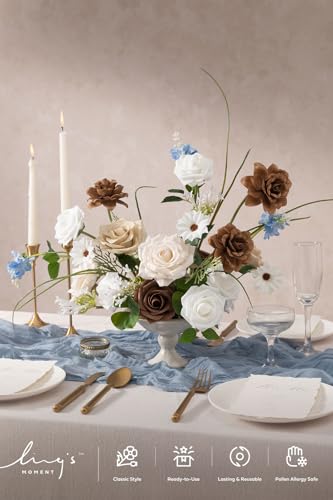 Ling's moment Artificial Flowers Fake Silk Daisy Faux Gardenia Foam Roses Combo for DIY Wedding Bouquets Centerpieces Arrangement Bridal Shower Party Home Decoration, Tawny Beige & Earth Brown, 24pcs - color: Beg-tawny Beige & Earth Brown