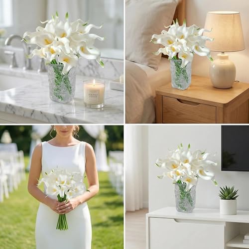 20 Stems Real Touch Calla Lily Artificial Flowers, 14.2in Tall with 2.4in PU Blooms, White Faux Calla Lilies with Bendable Plastic Stems for Wedding Bouquets, Centerpieces and Home Decor