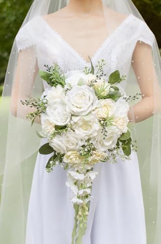 12 Inch Cascade Wedding Bouquets for Bride, Ivory & Champagne Cascading Bridal Bouquet for Wedding Silk Artificial Flowers - color: Ivory & Champagne