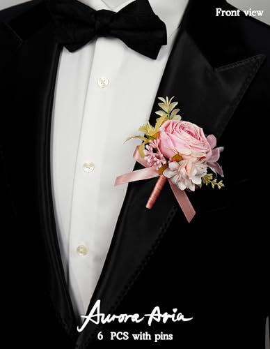 AuroraAria Pink Boutonniere for Men,Set of 6,Groom Boutonniere for Wedding,Anniversary,Homecoming,Formal Dinner Party,Wedding Decor,Artificial Pink Rose - color: Pink