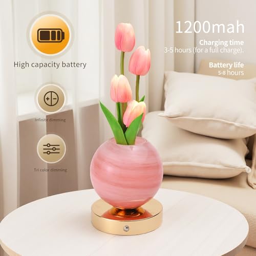 Tulip Flower Planet Lamp with Remote Control, Rechargeable Cordless Touch Dimming Artificial Flower Desk Lamp, LED Night Light Romantic Gifts for Girl Women Grandmother (Remote Control) - style: Remote control