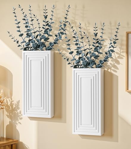 Wooden Wall Planter Vase, 2 Pack White Wood Hanging Vases with Fake Eucalyptus for Indoor Modern Boho Farmhouse Wall Art Decor for Home Indoor Kitchen Modern Farmhouse Bathroom - color: White With Eucalyptus