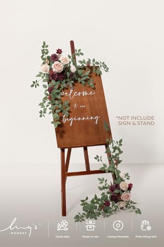 Ling's Moment 2pcs Wedding Flowers Garland Artificial Floral Swag Arch Decorations Rose Greenery Arrangements Marsala Blush Ceremony Reception Garden Easel Wall Entryway Outdoor board(NOT Include Sign - color: Marsala & Blush
