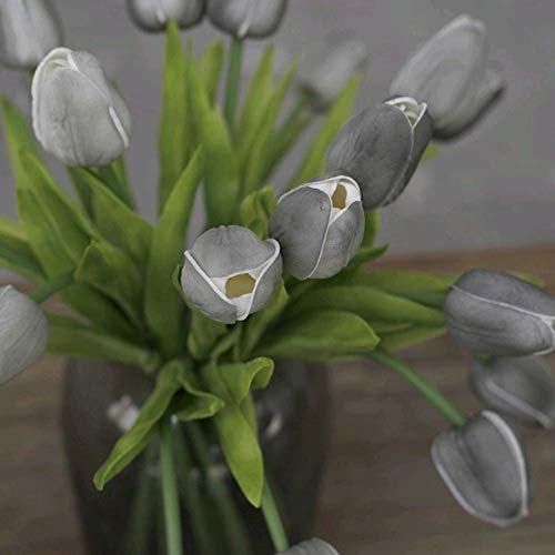 10 Pcs Artificial Tulips Flowers 13.8 inch Real Touch PU Fake Holland Tulip Bunches Bush Countertop Table Display Floral Decoration for Wedding Party Living Room (Gray)
