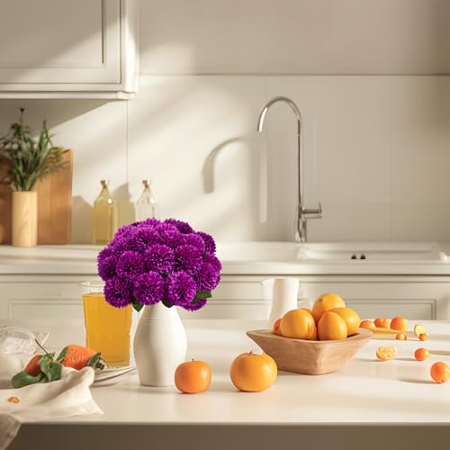 SITUMEIZI 12 Pcs Purple Flowers Artificial Chrysanthemums Ball Flower Fake Mums Silk for Wedding Home Kitchen Decoration Floral Arrangement - color: Purple, size: 12 Pieces