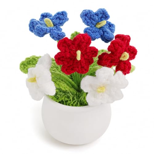 Crochet Flowers for Memorial Day Decorations American 4th of July Patriotic Decor Home Room Dorm Office Desk Accessories Red White Blue Flower Gifts for Independence Day Party - color: Red,white,blue
