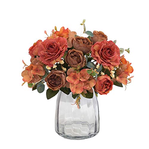 Artificial Flowers Fake Peony Silk Flowers Hydrangea Bouquet Decor Faux Camellia Flower for Home Living Room Table Centerpieces Decoration - color: Russet