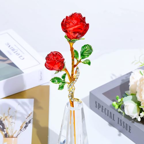 Arikyrist Red Rose Flower Crystal Figurine with Vase, Handmade Bouquet Glass Flowers Ornament Rose Gifts for Wife Girlfriend Women, Crystal Flower Home Table Decor for Valentine Anniversary - color: Red 1