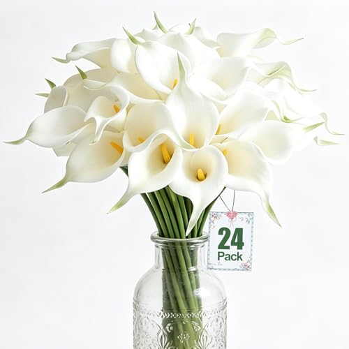 HCTCPALS Artificial Flowers for Outdoors 24 Pcs CallaLily Plant Realistic Silk Fake Flowers for UV Resistant Faux Plants Outdoor Indoor Outside Front Porch Hanging Planter Decoration-13.5" WhiteYellow - color: Calla Lily White-yellow