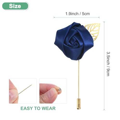 M METERXITY 1-Pack Flower Lapel Pins for Men, Golden Leaf Rose Boutonnieres Pin Groom Boutonnieres for Wedding/Dance/Party, Men Lapel Pins for Suits Satin Flower Corsage [Navy Blue] - color: Navy Blue