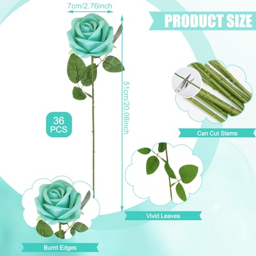36 Pcs Velvet Texture Turquoise Artificial Flowers Bridal Bouquet, Fake Rose Long Stem Realistic Flowers Bulk for Valentine's Day Wedding Bouquet Ball Arrangement Centerpiece Party Home Decor - color: Turquoise