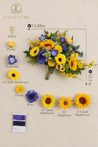 TINGE TIME 13 InchWedding Bouquets for Bride,Bridal Bouquet for Bride, Artificial Silk Sunflowers for Graduation Bouquet, Fake Flowers for Wedding Ceremony and Anniversary (Sunflower&RoyalBlue) - color: Sunflower & Royal Blue