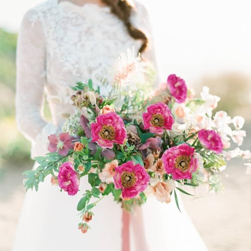 6PCS Fuchsia Poppy Flowers Artificial 30 Heads Faux Poppy Flowers 26.77in Silk Flowers with Long Flocking Stems for Wedding Party Home Office Decoration(Fuchsia) - color: Hot Pink