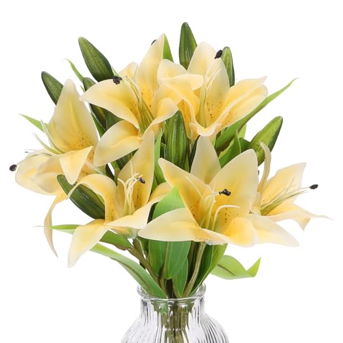 PATIKIL Lily Fake Flowers, 3PCS Lily Artificial Flowers Artificial Lily Silk Faux Flowers in Vase Real Touch for Home Decor Centerpiece Table Decorations Dining Room, Yellow - color: Yellow