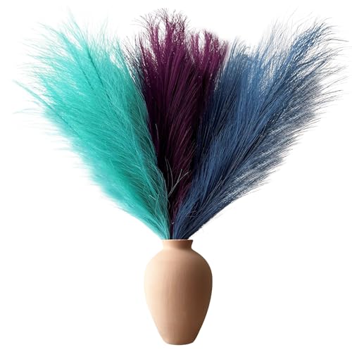 Pampas Grass Decor, Fluffy Faux Pampas Grass 6 Stem 18"/45cm Pompous Grass Small Flower Arrangement and Vase Filler for Boho Home Wedding Decoration - color: Lake Green& Deep Purple& Peacock Blue
