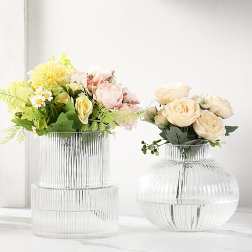 Ribbed Glass Vases, Set of 2 Fluted Vases for Flowers, Clear Glass Vase for Tulips, Modern Vase for Living Room, Kitchen, Office, Entryway, Mantle, Bookshelf, Wedding Gifts, Birthday - color: Clear, size: Ribbed + Round (2-Pack)