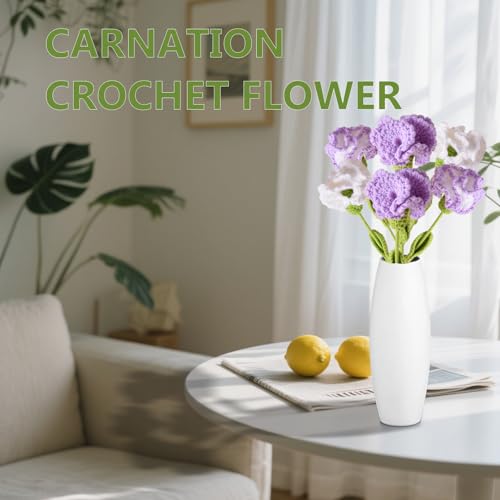 6Pcs Handmade Carnation Crochet Flower Bouquet, Completed Carnations Artificial Flower, Carnation Flower Wedding Bouquet (Purple) - color: Purple