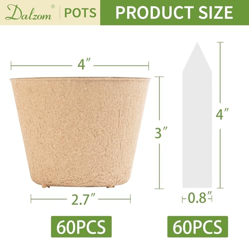 Dalzom® 60Pcs 4” Peat Pots with 60Pcs Plant Labels, Biodegradable Pots for Seedlings with Drainage Holes, Garden Plant Nursery Pots Seed Starting Trays - size: 4"