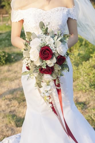 12 Inch Cascade Wedding Bouquets for Bride, Burgundy & White Cascading Bridal Bouquet for Wedding Silk Artificial Flowers - color: Burgundy & White