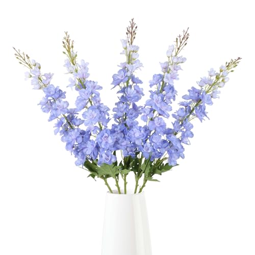 IPOPU 40" Delphinium Artificial Flowers 5PCS Faux Delphinium Larkspur Silk Flowers Long Stem Artificial Flowers for Home Wedding Floral Arrangement Centerpiece Decor(Light Blue) - color: Light Blue
