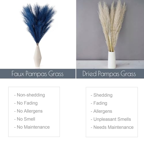 6 Stem Blue Pampas Grass Tall 43",Large Faux Pampas Grass Artificial Feathers Bulk for Boho Home Wedding Decor,Decorations for Living Room