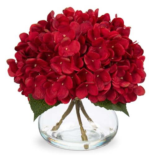 Hollyone Hydrangea Artificial Flowers in Vase Red Silk Fall Fake Flowers Arrangements with Glass Vase with Faux Water Faux Floral Bulk Bouquet for Office Table Centerpiece Shelf Home Decorations - color: Hydrangea, Red