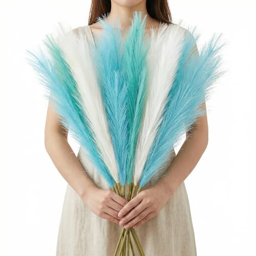 Agusbagli 8 Pcs Teal Blue Artificial Pampas Grass Decor 35” Fluffy Fake Colored Pampas Grass Tall White Pampas Grass Stems Large Flower Arrangement Floor Vase Filler for Home Wedding Decor - color: Teal Blue & White & Blue